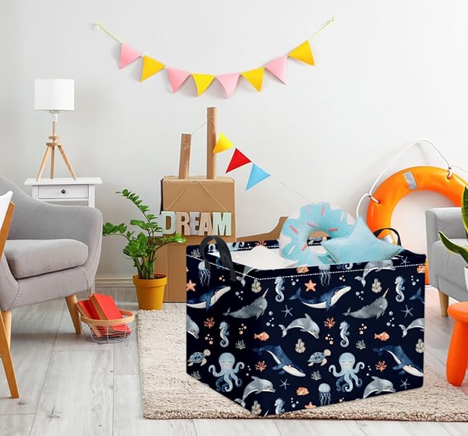 HIYAGON Rectangular Ocean Basket Kids Baby Storage Bin Toy Organizer Box for Boys Under the Sea Nursery Decor(Ocean)