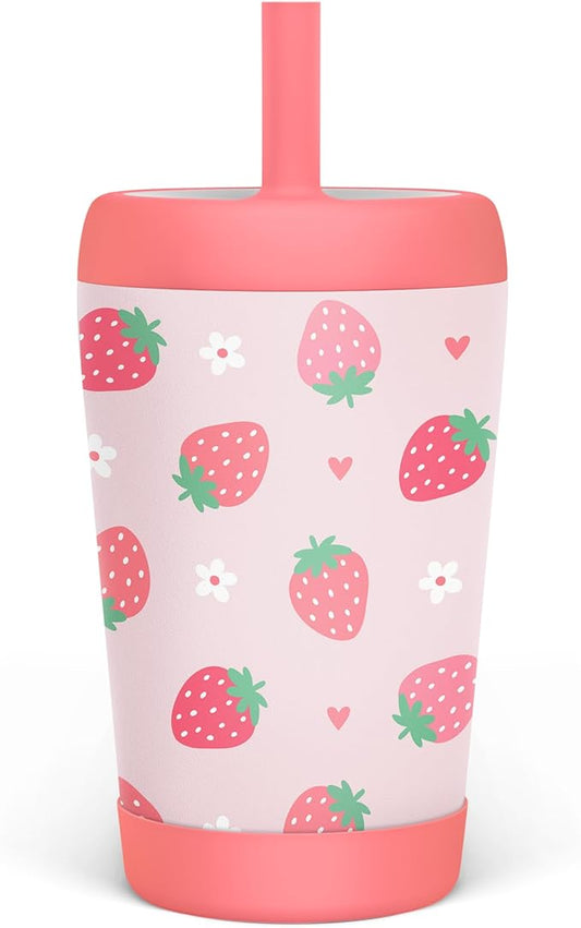 Kid Insulated Stainless Steel Tumbler with Silicone Straw, 12oz Sippy Cup for Kids (Strawberry)