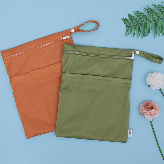 ALVABABY 2pcs Cloth Diaper Wet Dry Bags Waterproof Reusable with Two Zippered Pockets Travel Beach Pool Daycare Soiled Baby Items Yoga Gym Bag for Swimsuits or Wet Clothes 2LM04