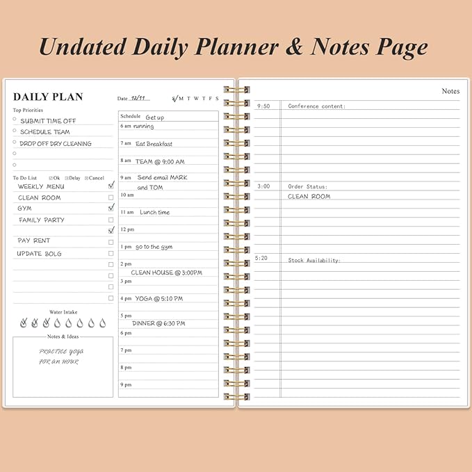 Daily Planner Undated - B5 To Do List Notebook Hourly Schedules, Spiral Appointment Planner for Women and Men, PVC Hardcover, Inner Pocket, Elastic Closure, 7" x 10", Rose Leaf