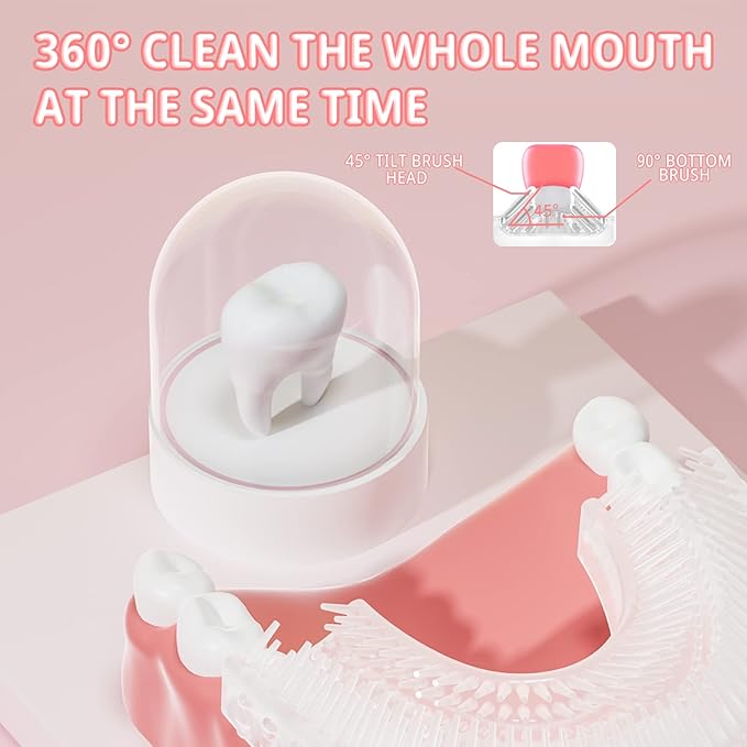 Kids Electric U Shaped Toothbrush,Kids Sonic Full Mouth Toothbrush with 4 Soft Brush Head Automatic Rechargeable 6 Cleaning Modes IPX7 Waterproof 360 Degree Cleaning - Age2-7 Pink