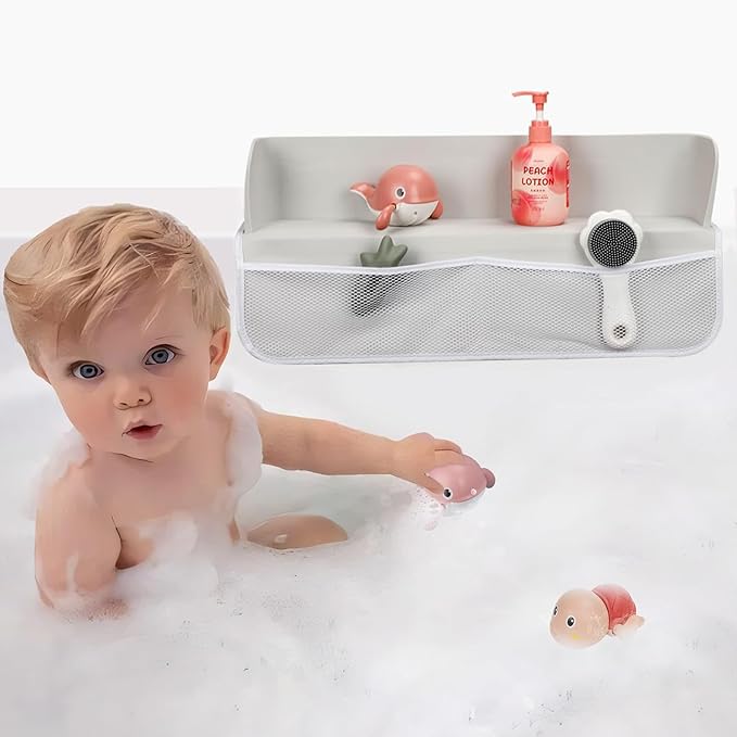 Gray Bathtub Splash Guard with Suction Cups, Waterproof Mesh Toy Organizer for Kids, Bath Toy Storage, Fits Most Tubs, Easy to Clean (Grey)