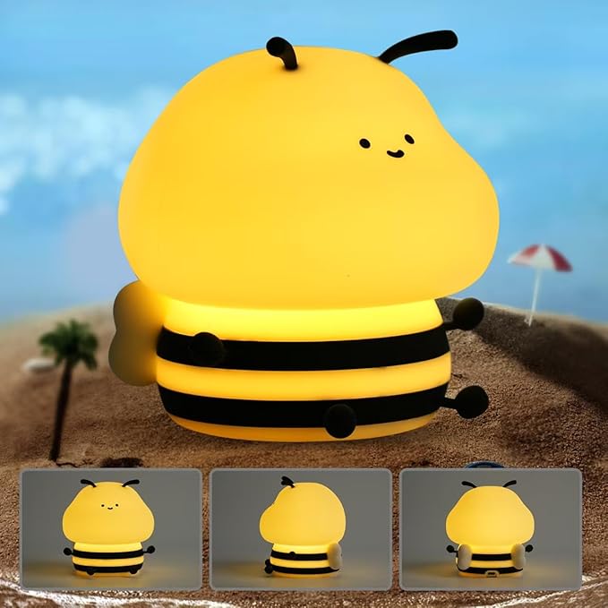 Bee Night Light for Kids,Cute Squishy Silicone Nursery Night Lamp Kawaii Animal Bedside Nightlight with 7 Colors 3 Levels Dimmable Tap Control Rechargeable Nightlights for Kids, Room Decor