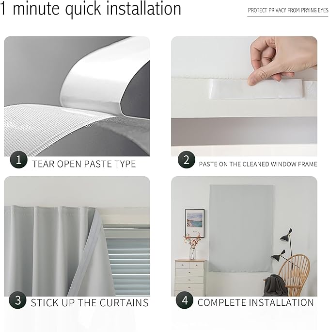 self Adhesive Curtains Portable Blackout Curtain Simple and Easy to Install Bedroom Window Thermal Lnsulated Kitchen Room Darkening Black Small Drapes, 35" W X 59" L, White, 1 Panel