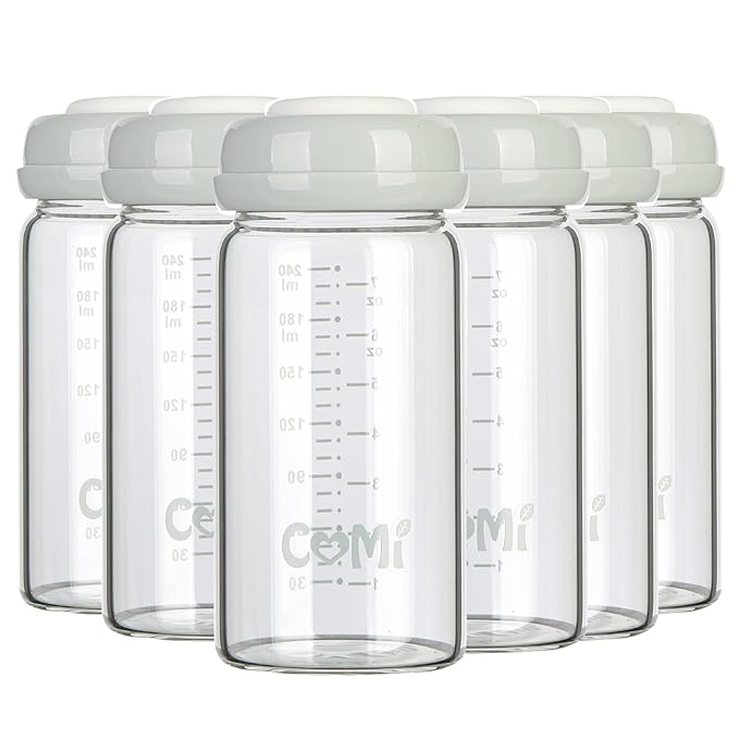 COMI Wide Neck Glass Breastmilk Collection n Storage Bottle, 8oz with Screw Ring Sealing Disk; Re-markable Sealing Disc. BPA Free, Fits Breast Pumps & Nipples (6 Gray Lids)