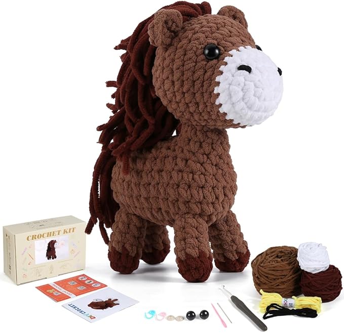 Crochet Animal Kit–10in Big Adorable HORSE, Amigurumi Crochet Kit For Intermediate Advanced level, Kids Knitting Kit With Detailed Videos Tutorials, Yarn, Crochet Hook, Best Gift For Crochet Lovers