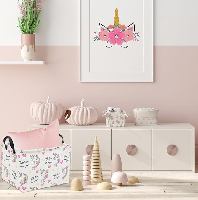 HIYAGON Rectangular Unicorn Basket Gift Baskets Empty Cute Storage Bin with Handles Nursery Room Decor(Unicorn)