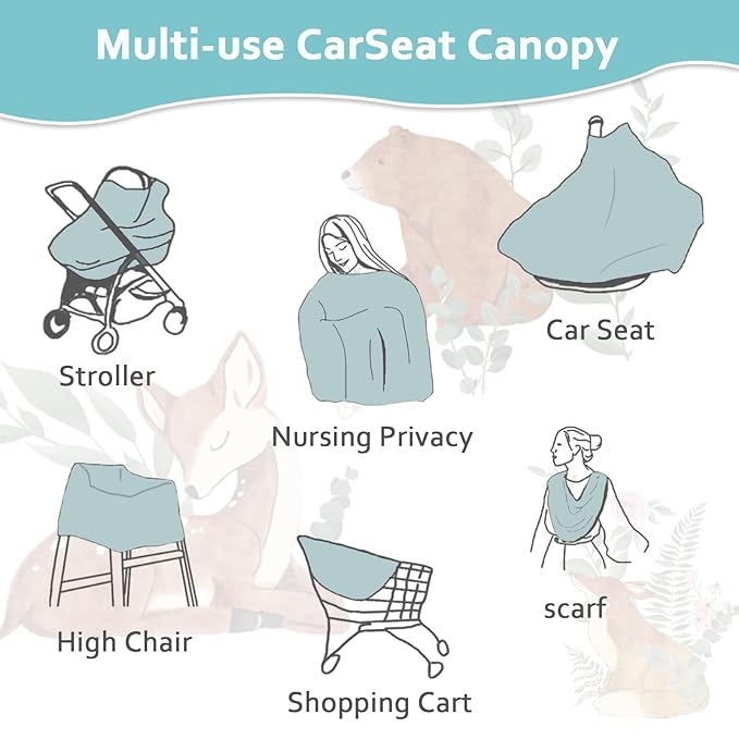 Baby Car Seat Cover, Multi-use Nursing Cover for Breastfeeding, Stretchy Stroller Cover Boys Girls, Stretchy Carseat Canopy, Soft Breathable, Woodland Animal Bear