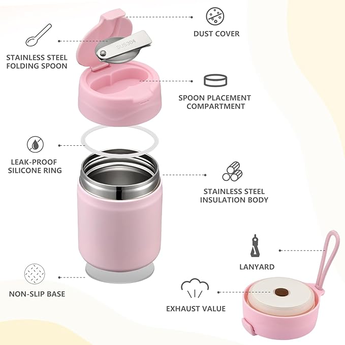 17oz Soup Thermo for Hot Food Kids Insulated Vacuum Food Jar with Stainless Steel Spoon Wide Mouth Thermo Leakproof Lunch Food Container Kids Hot Lunch Box (Pink)