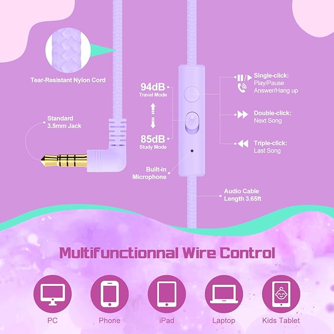 QearFun Kids Headphones Wired with Mic, 85/94dB Safe Volume Limit, Foldable Over Ear, Tangle-Free Cord & Sharing Port, Wired On-Ear Headset for School, Chromebook, Tablet, Travel - Boys & Girls