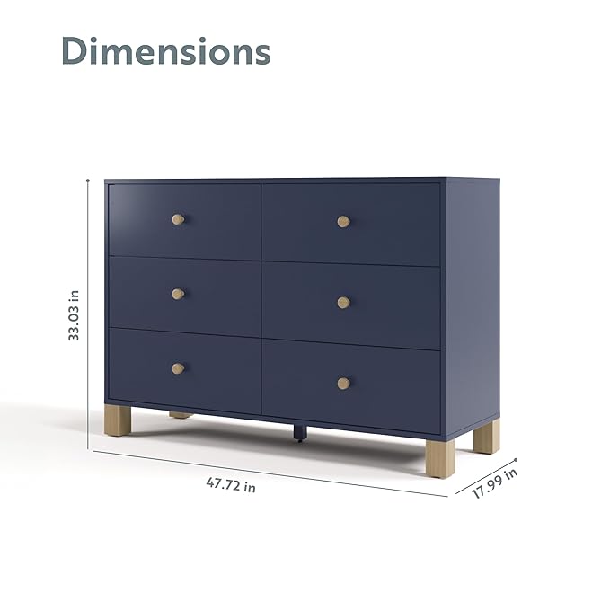 Storkcraft California 6 Drawer Double Dresser (Midnight Blue with Driftwood) – GREENGUARD Gold Certified, Spacious Storage Organizer for Kids’ Room, Safety Interlocking Drawer System