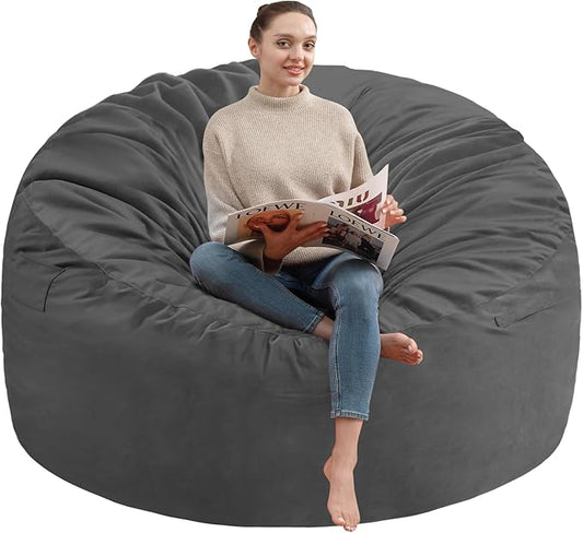 5FT Bean Bag Chair, Large Bean Bag Chairs with Memory Foam Filled, Fluffy Beanbag Sofa with Dutch Velvet Cover, Round BeanBag Chairs for Living Room, Playroom - Grey