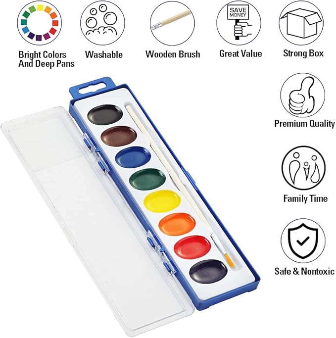 24 Count Watercolor Paints, 8 Colors, Washable, Non-Toxic, Perfect for Kids 3+