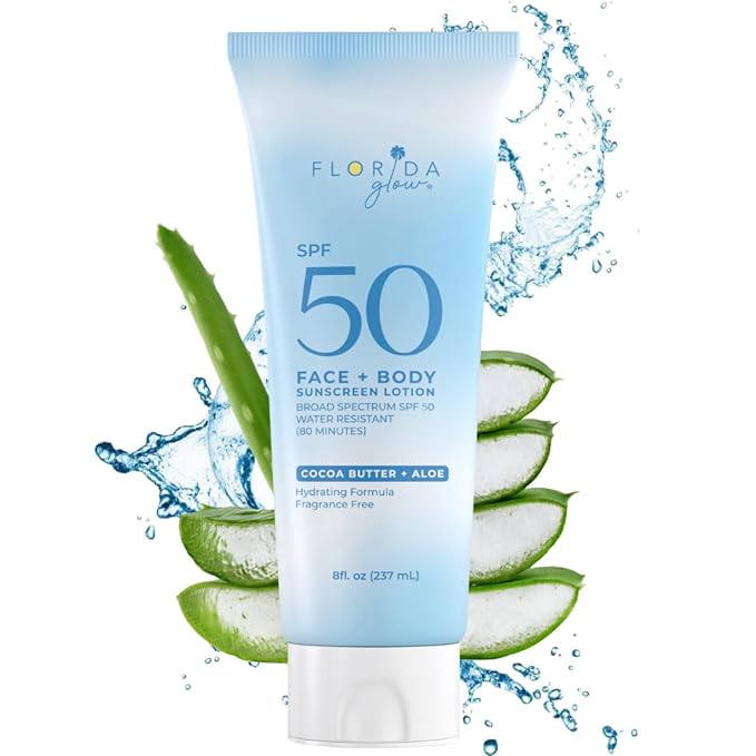 Florida Glow Water Based Sunscreen Lotion SPF 50, 8 OZ Pack of 1 - Florida keys and Hawaii act 104 reef compliant (oxybenzone and octinoxate free)- great for Kids and sports
