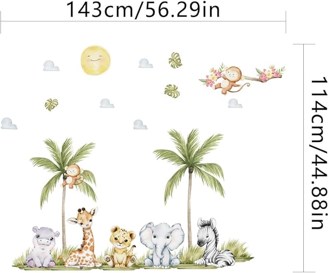 56.29 x 44.88 Inch Watercolor Animal Wall Decals - Jungle Stickers With Tiger, Elephant, Zebra, Giraffe, Monkey, Hippo for Baby Nursery, Bedroom, Classroom, Kindergarten Decor