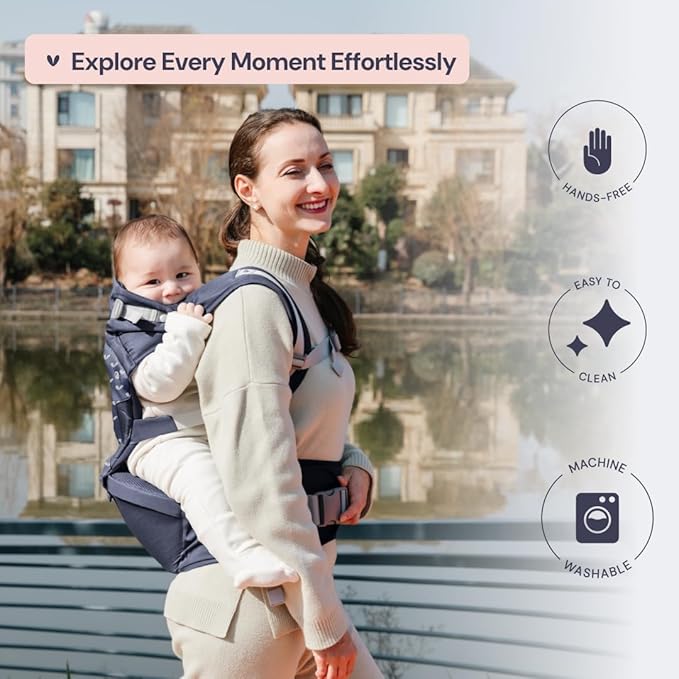 BabbleRoo Grow Carrier – Safety-Certified 6-in-1 Baby Carrier with Hip Seat, Ergonomic & Adjustable Toddler Carrier 7-50 lbs with Hip Support, Hood for Sun Protection, Newborn to Toddler, Navy Hearts