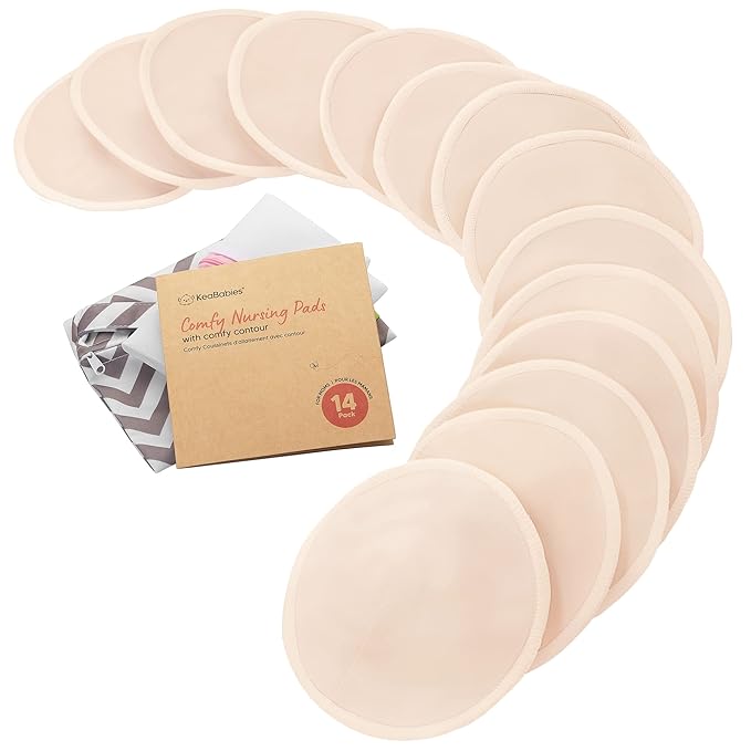 Organic Nursing Pads - 14 Washable Viscose Derived from Bamboo Breastfeeding Pads, Wash Bag, Reusable Breast Pads for Breastfeeding, Nipple Pads for Breastfeeding Essentials(Bare Beige, XL 5.5")