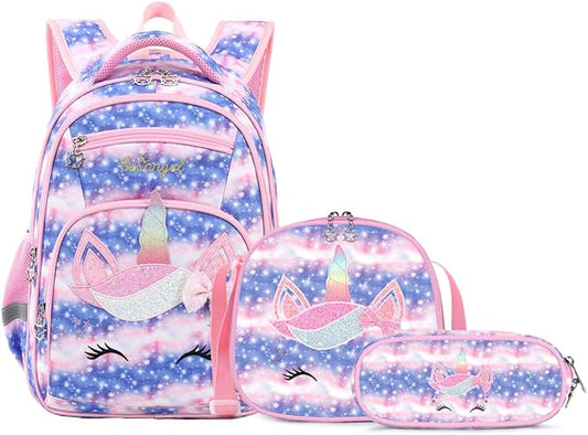 Cusangel Girls Backpack with Lunch Box Pencil Case,Cute Multi Compartment Preschool Elementary Primary Backpack for Girls Sky Unicorn 3pcs Backpack for Girls