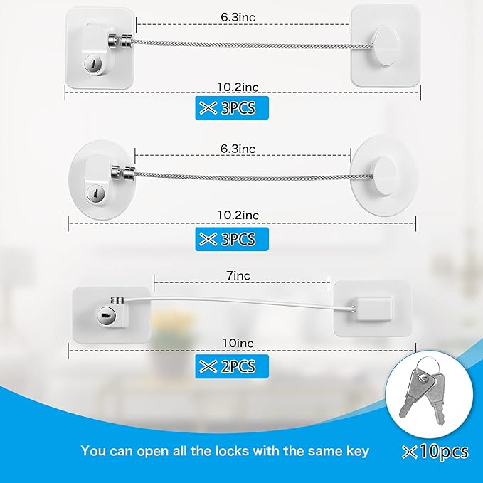 8 Pieces Refrigerator Locks for Children Adults with 10 Keys, Fridge Lock, Freezer Door Safety Cabinet Lock and Child Safety Cabinet Locks with Strong Adhesive (White)