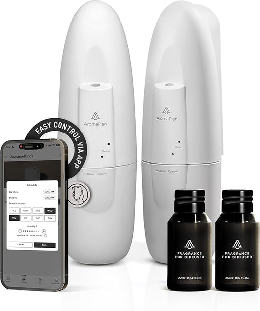 AromaPlan Authentic 2025 Upgraded Plug in Waterless Diffuser (2 Fragrances Included)-Cold Air & Nanotechnology Diffusers for Home & Office- Silent Wall Diffuser Plug in (2 Devices +2 Scents)