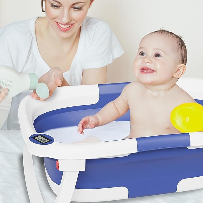 Collapsible Baby Bathtub,Baby Bath Tub with Soft Cushion & Thermometer,Baby Bathtub Newborn to Toddler 0-36 Months,Portable Travel Baby Tub