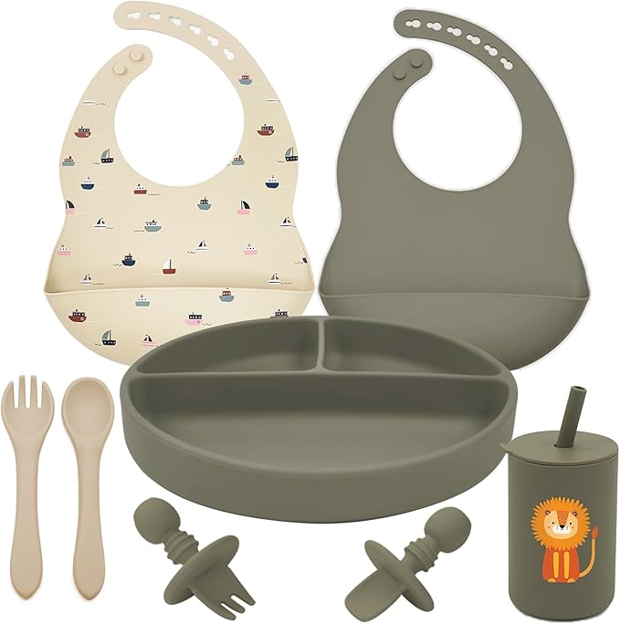 Silicone Baby Feeding Set, Baby Led Weaning Supplies, Baby Spoons Suction Divided Plate Bib Cup, First Stage Solid Food Eating Utensils - 6+ Months(Green-Beige)