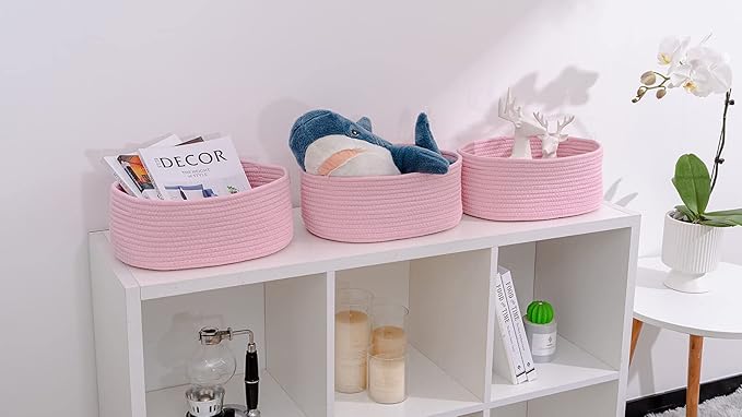 Cute Baskets for Shelf Storage Small Woven Basket to Store and Organize Daily Items/Durable Rope Basket for Living Room, Bedroom,Playroom/Oval-13x8.66x5.11’’,Stylish 3 Packs Pink