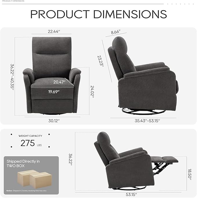 COLAMY Swivel Recliner Chair with Footrest, Strong Glide Chair High Back with Double-Layer Cushion, Rocker Recliner for Nursery & Living Room, Bedroom, Charcoal