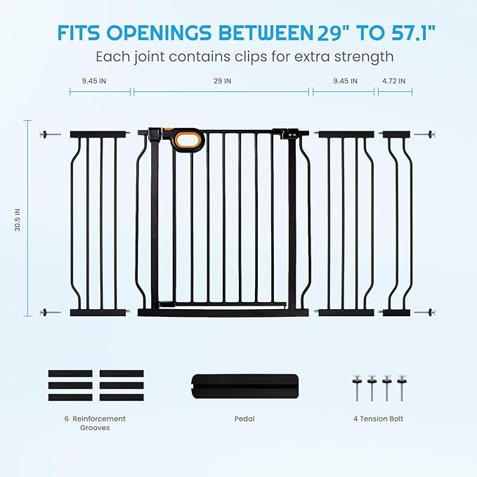 Gate for Baby Indoor 29-57'' Wide, Adjustable Safety Gate for Stairs No Drilling Baby Gate with Door Pet Pressure Mount Gate for Kids Dogs Extension Kit Stairway Doorway Black (30.5'' Tall)