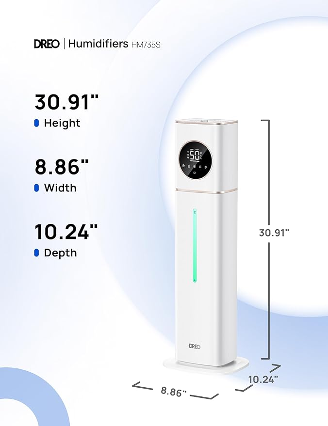 Dreo 11L Smart Humidifier Large Room 700 ft², 100H Cool Mist Air Humidifiers for Bedroom Baby Plants, Top-Fill Self-Cleaning Tank, 26dB, Auto Mode, RGB Light, Remote & APP Control, HM735S White