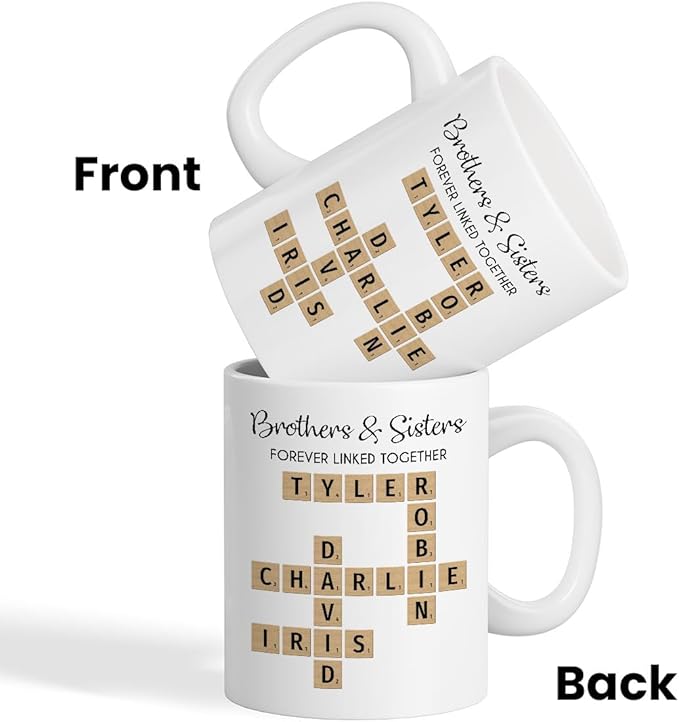 Family Forever Linked Together Custom Names Ceramic Mug, Crossword Puzzle Art, for Birthday, Anniversary or Special Occasions (Brothers & Sisters Forever Linked Together White Mug Ver 2)