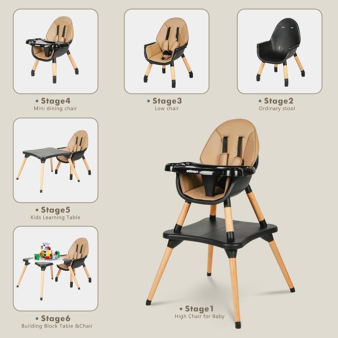 Gofirst 6 in 1 Convertible Wooden High Chair for Babies and Toddlers - Infant Dining Booster Seat With Building Block Table and 4-Position Removable Feeding Chair