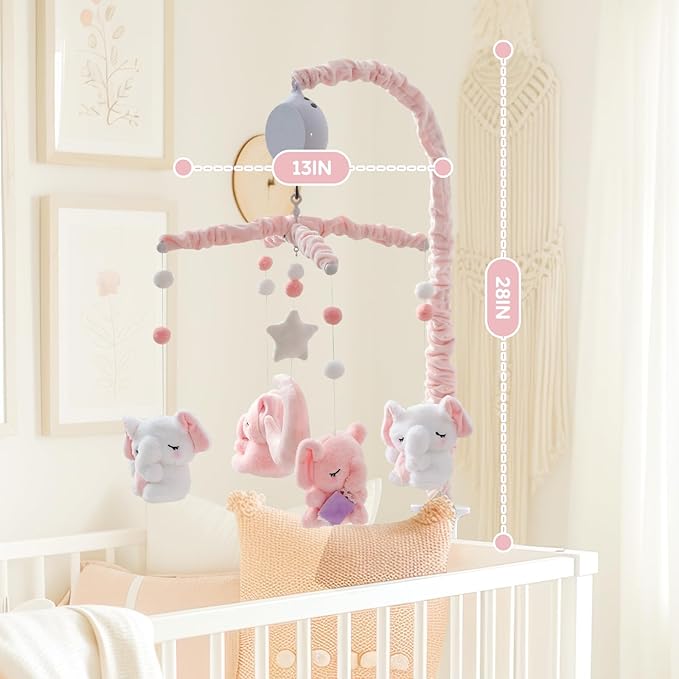 Baby Crib Mobile - Elephant Mobile for Crib with 25 Inches Mobile Arm and 35 Lullabies Musical Box, 3 Modes Digital, Volume Control, Essential Gift for Infant Boys Girls Bedroom Hanging Decor