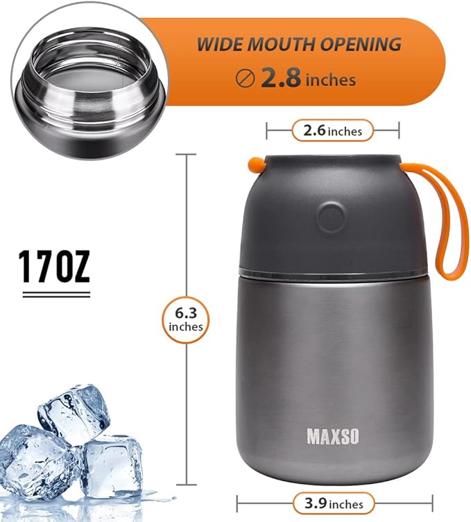 Insulated Thermo Food Jar for Hot & Cold Food for Kids Adult, 17 oz Soup Thermal Hot Food Containers for Lunch, Triple Layer Insulation Stainless Steel Food Jar with Spoon (Grey)