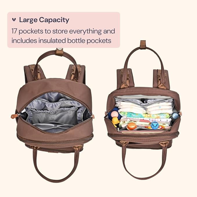 BabbleRoo Diaper Bag Backpack - Baby Essentials Travel Tote - Multi Function Waterproof Diaper Bag, Travel Essentials Baby Bag with Changing Pad, Stroller Straps & Pacifier Case - Unisex, Brown