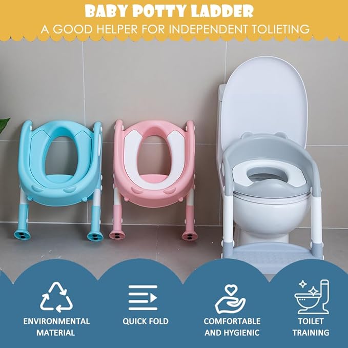 Potty Training Toilet Chair Seat with Step Stool Ladder for Kids and Toddler Boys Girls - Foldable Height Adjustable Children Toilet Training Seat with Safe Handles & Anti-Slip Pads, White-Grey