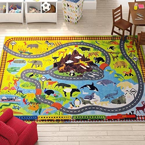 KC Cubs 3x5 Animal Safari Toy Car Road Rug – Educational Play Mat Carpet for Kids, Toddlers, Nursery, Classroom, Playroom, Baby Daycare, Boys & Girls