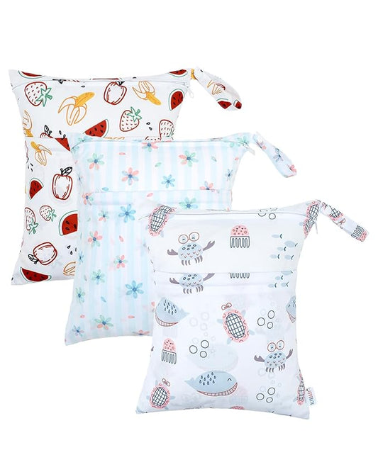 ALVABABY 3 Cloth Diaper Wet Dry Bags Waterproof Reusable with Two Zippered Pockets Travel Beach Pool Daycare Soiled Baby Items Yoga Gym Bag for Swimsuits or Wet Clothes Small Medium Large 3L-ZM27