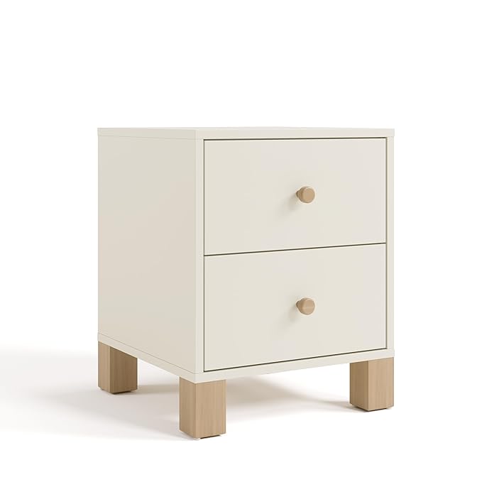 Storkcraft California 2 Drawer Nightstand for Kids Bedroom (Frosted Oat with Driftwood) - GREENGUARD Gold Certified, Premium Wood Storage Nightstand with Elegant, Iconic Block Feet