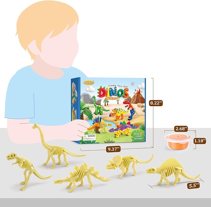 Drama Planet Dinosaur Air Dry Clay Kit – Create 5 Dinosaur Models with 12 Colors of Modeling Clay, Instruction Guide – Fun & Educational Craft Set for Kids