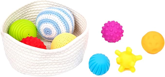 Adena Montessori 8 Pack Sensory Balls for Toddlers 1-3,Sensory Baby Toys 6-12 Months,Infant Educational Squeeze Sensory Toy Soft Multi Ball Set Gifts with Bright Color Textured with White Woven Basket