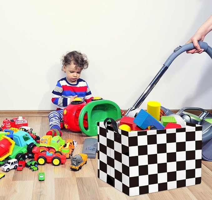HIYAGON Rectangular Car Basket for Boys Checkered Basket Kids Baby Storage Bin Toy Organizer Box Car Room Decor(Racing Flag)