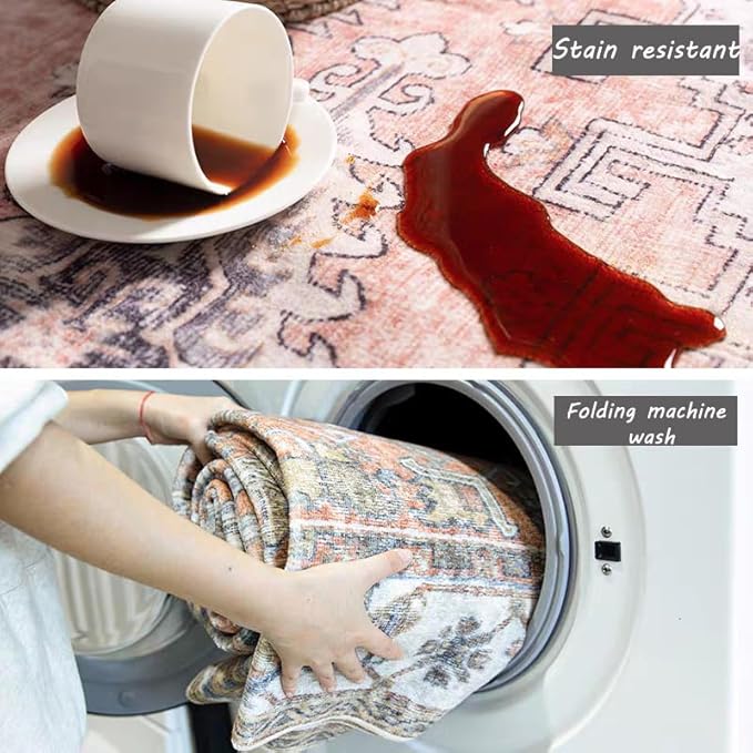 5x7 Washable Area Rug Vintage Traditional Floor Cover Foldable Thin Rug Retro Kitchen Accent Rug Indoor Distressed Non Slip Carpet Floral Print Mat Bedroom Living Room Bathroom