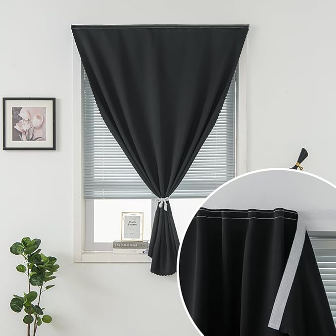 Adhesive Blackout Curtains- Self Stick Shades Window Blinds Curtains No Rod Needed Easy to Hang Curtains, Use for Bedroom, Living Room, Dining Room, Kitchen, Home Office, 35"W X 59"L, Black, 1 Panel