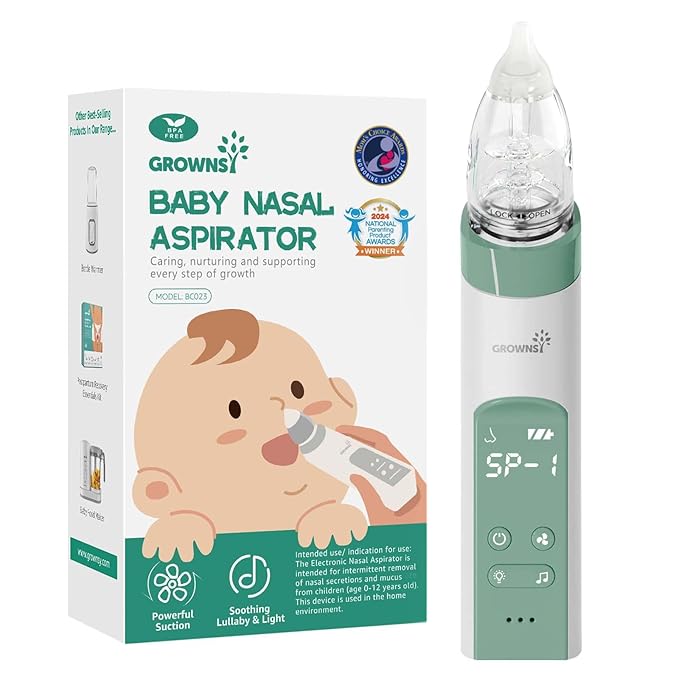 GROWNSY Nasal Aspirator for Baby, Electric Nose Aspirator for Toddler, Baby Nose Sucker, Automatic Nose Cleaner with 3 Silicone Tips, Adjustable Suctions, Music and Light Soothing Function (Green)