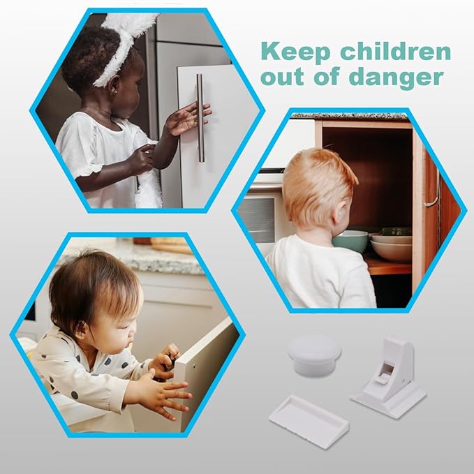 Magnetic Drawer Locks for Baby Proofing, Child Safety Magnet Cabinet Lock, Safety First Adhesive Magnetic Locks for Cupboard and Pantry Door (4Locks + 1Key)