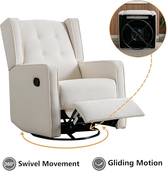 Swivel Rocker Recliner Chair, Nursery Glider Chair, Nursery Rocking Chairs, Manual Reclining Chair, White