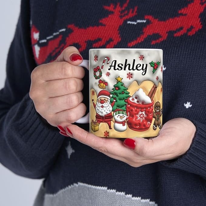 Custom 3D Effect Christmas Mugs with Names, Santa Claus Coffee Mug, Personalized Reindeer Accent Mug Christmas Gifts For Women Men Friends Family Gingerbread Man Mug 11 or 15 Oz