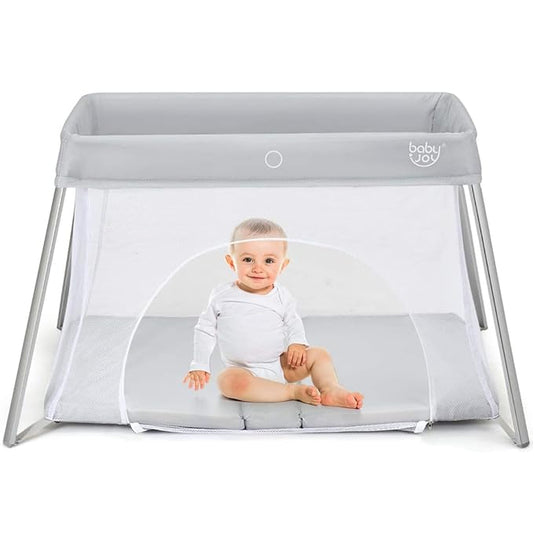 BABY JOY 2 in 1 Travel Crib with Side Zipper, Portable Baby Playard with Soft Washable Mattress, Installation-Free Home Playard with Carry Bag for Airplane, Lightweight Playpen for Infants &Toddlers