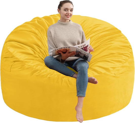 5FT Bean Bag Chair, Large Bean Bag Chairs with Memory Foam Filled, Fluffy Beanbag Sofa with Dutch Velvet Cover, Round BeanBag Chairs for Living Room, Playroom - Lemon